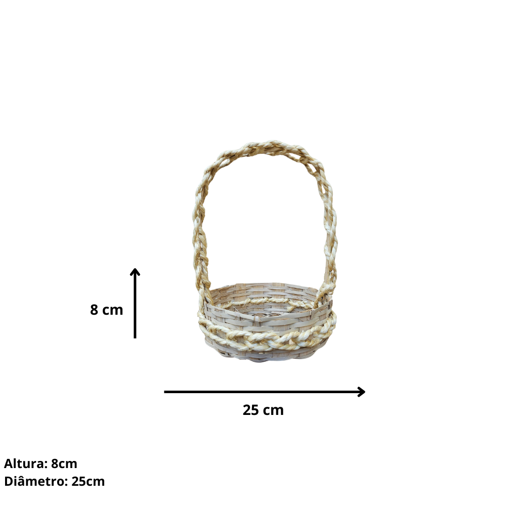 Cesta redonda 25cm, feita de bambu com corda de sisal e envernizada.