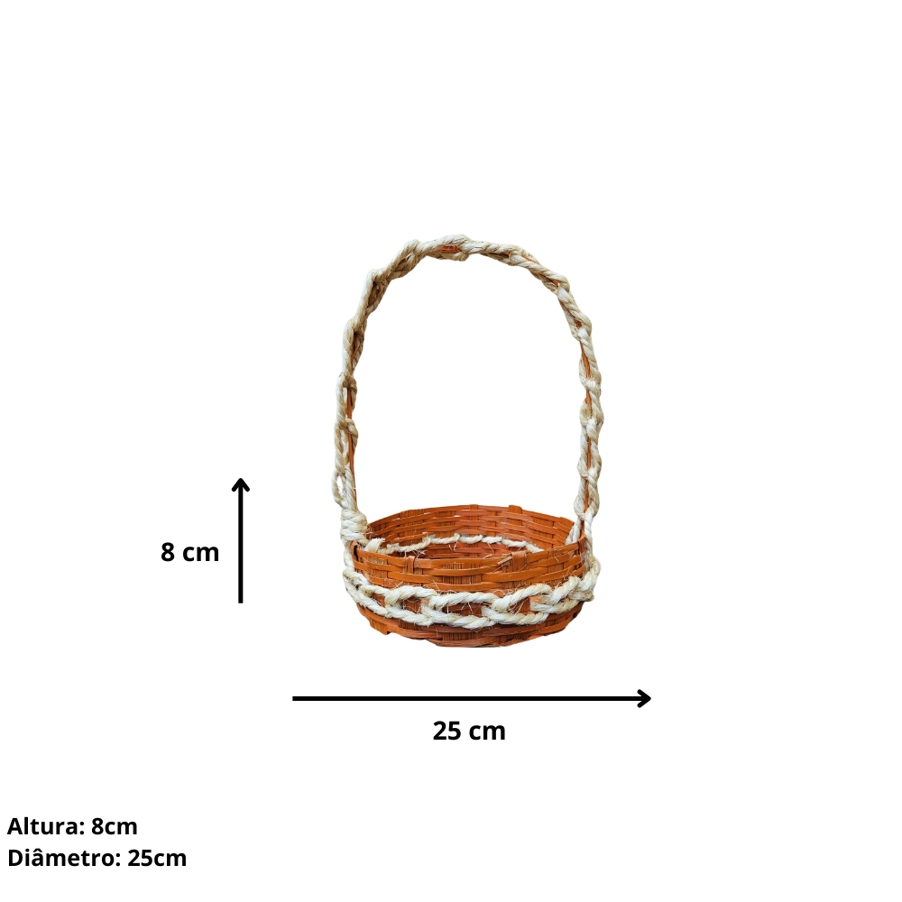 Cesta redonda 25cm, feita de bambu com corda de sisal e envernizada.
