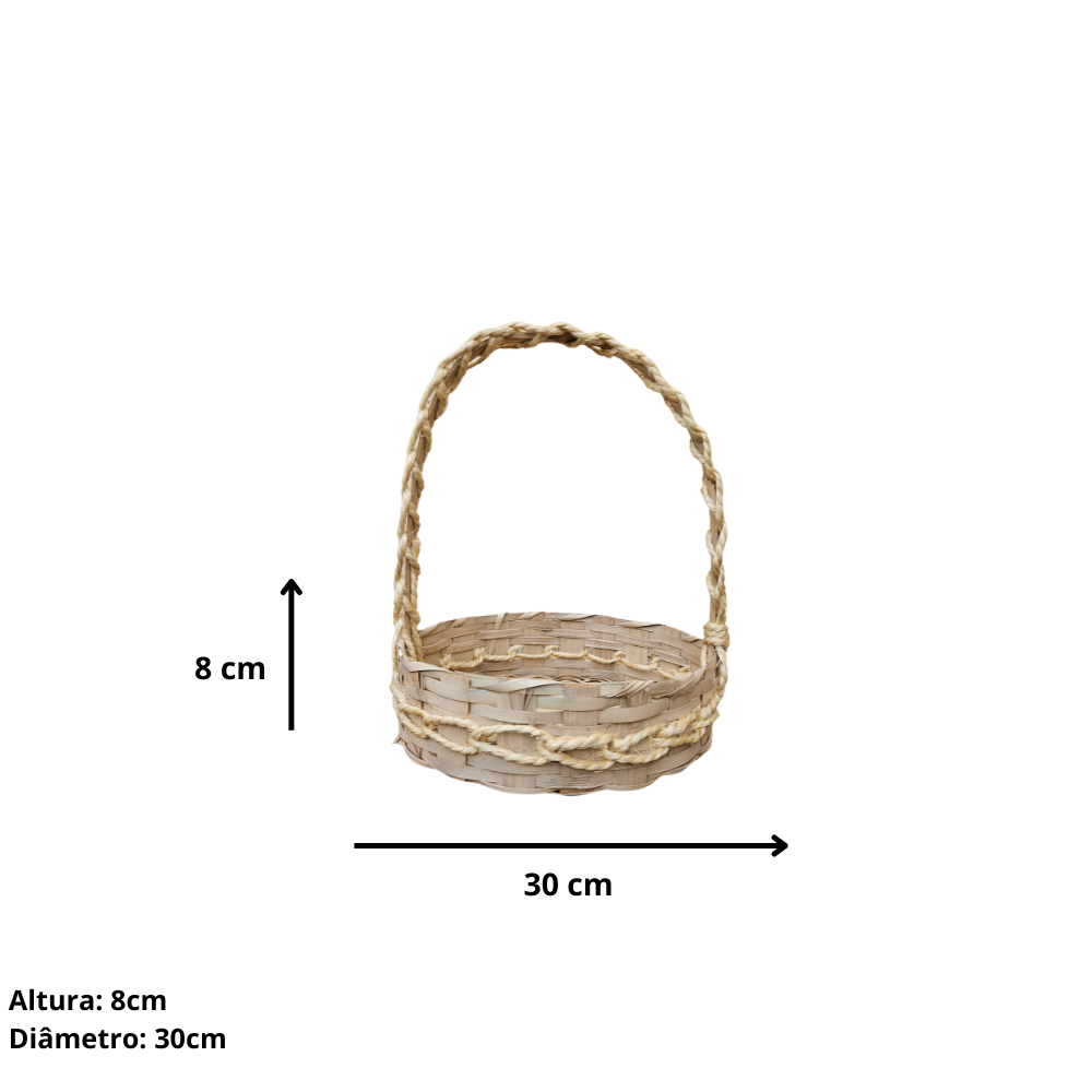 Cesta redonda 30cm, feita de bambu com corda de sisal e envernizada.