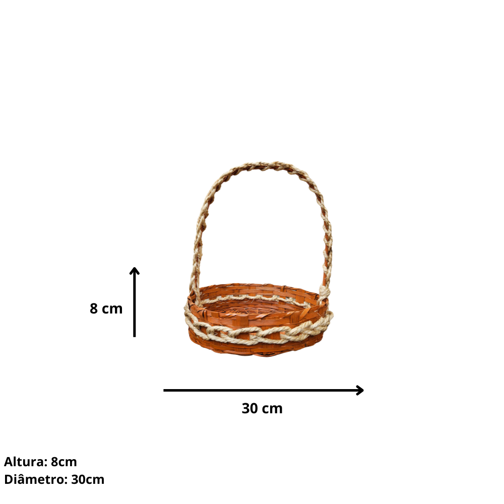 Cesta redonda 30cm, feita de bambu com corda de sisal e envernizada.