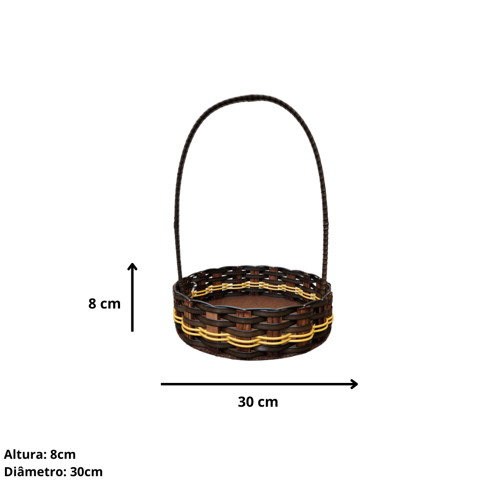 Cesta redonda de madeira de pinus e fibra sintética.