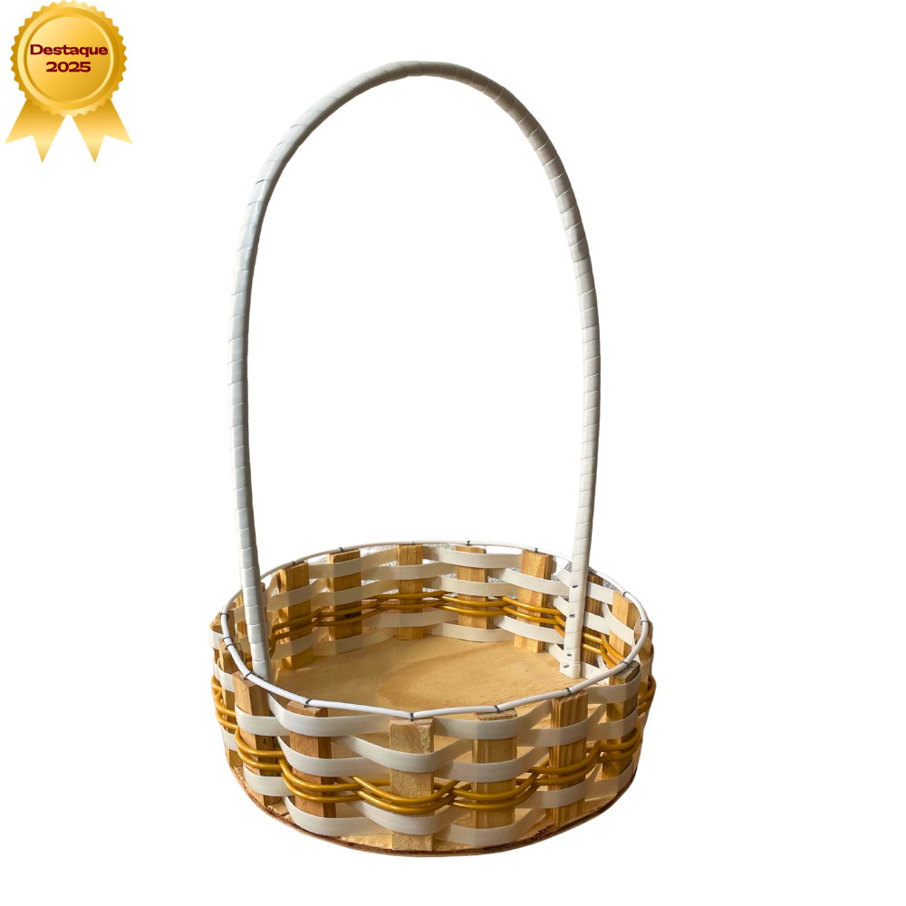 CESTA RD MD RATTAN BRANCO/OURO