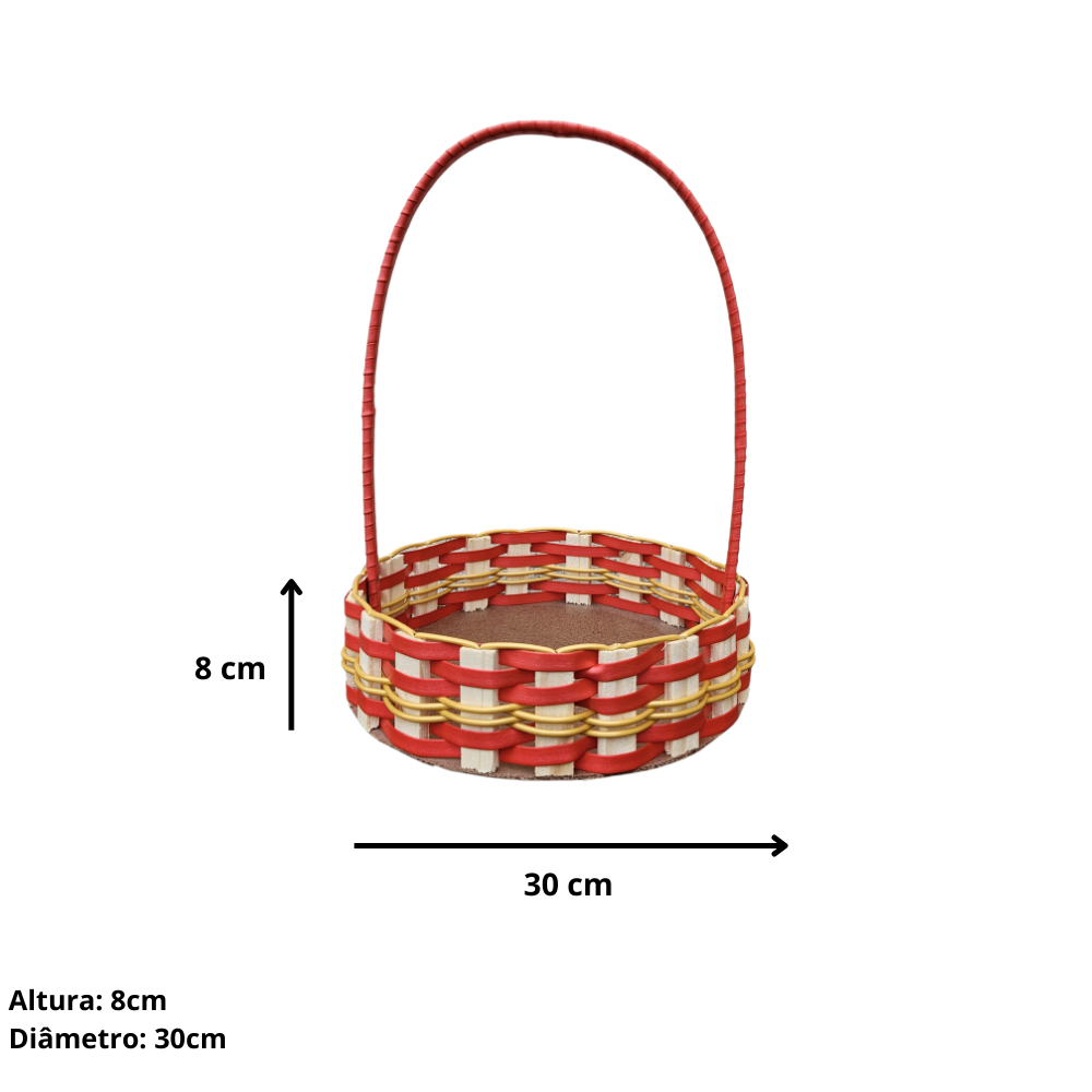 Cesta redonda de madeira de pinus e fibra sintética.