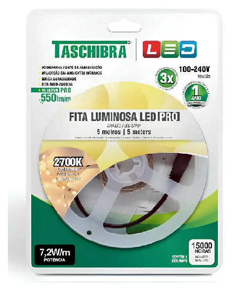 Fita Led 2700K 12V IP20 7,2W/M 5M Taschibra